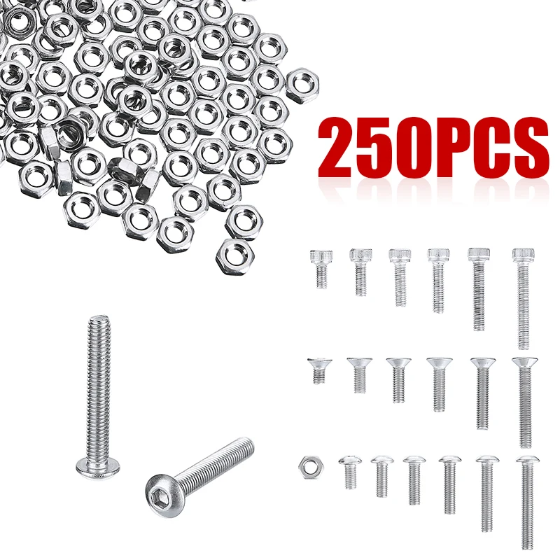 

250pcs/set A2 Stainless Steel M3 Cap/Button/Flat Head Hex Socket Screws Sets Bolt With Hex Nuts Assortment Kit Hand Tools Mayitr