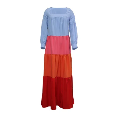 

Women Vintage Long Sleeve Patchwork Pleated Dresses Ladies Sexy Slash Neck Loose Party Autumn Casual Female Vestidos