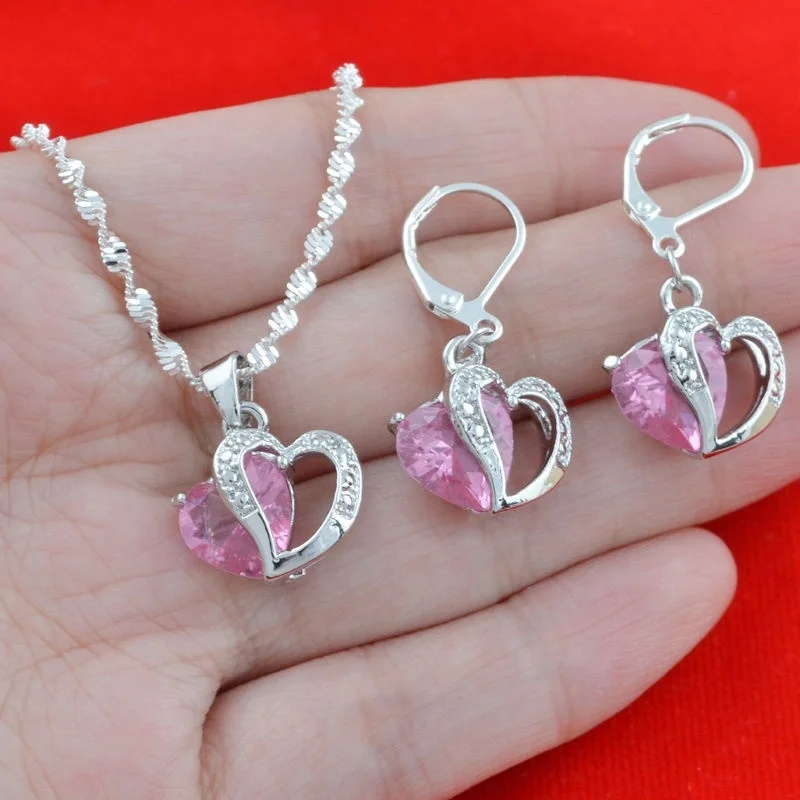

Lady 925 Silver Spiral Chain Silver Hollow with Amethyst Pink Crystal Heart-shaped Pendant Necklace and Pendant Earrings Jewelry