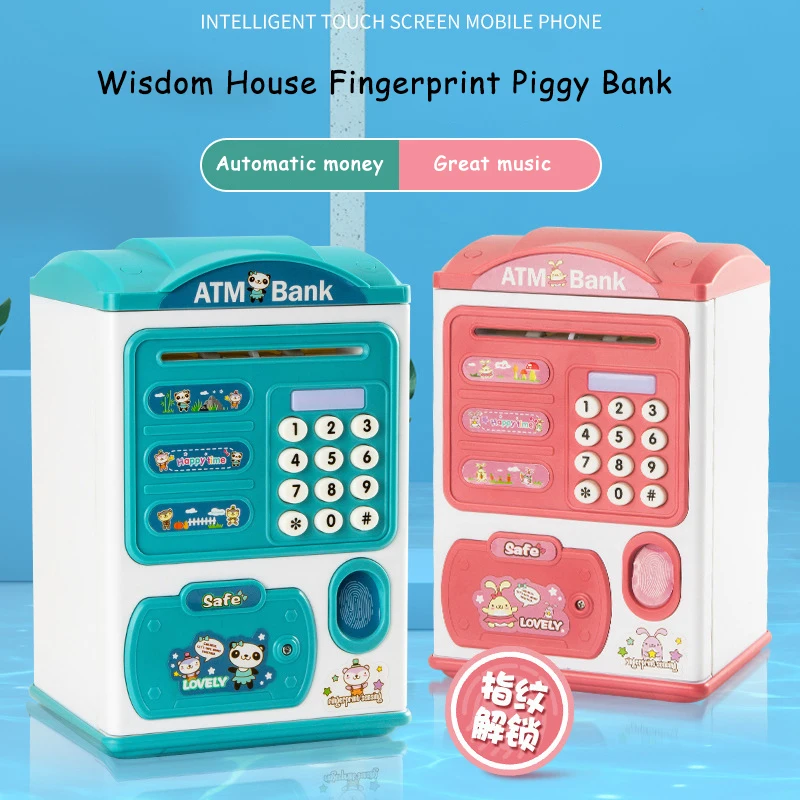 

Simulation Password Fingerprint Sensor Unlocking Money Box Automatic Rolling Money Safe ATM Piggy Bank Portable Children's Toys