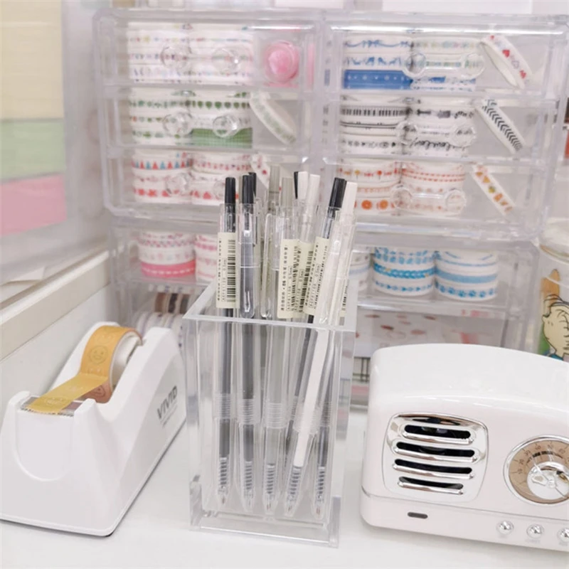 

Transparent Square Acrylic Pen Pencil Holder Student Stationery Storage Box Case Desktop Makeup Brush Organizer Office Supplies
