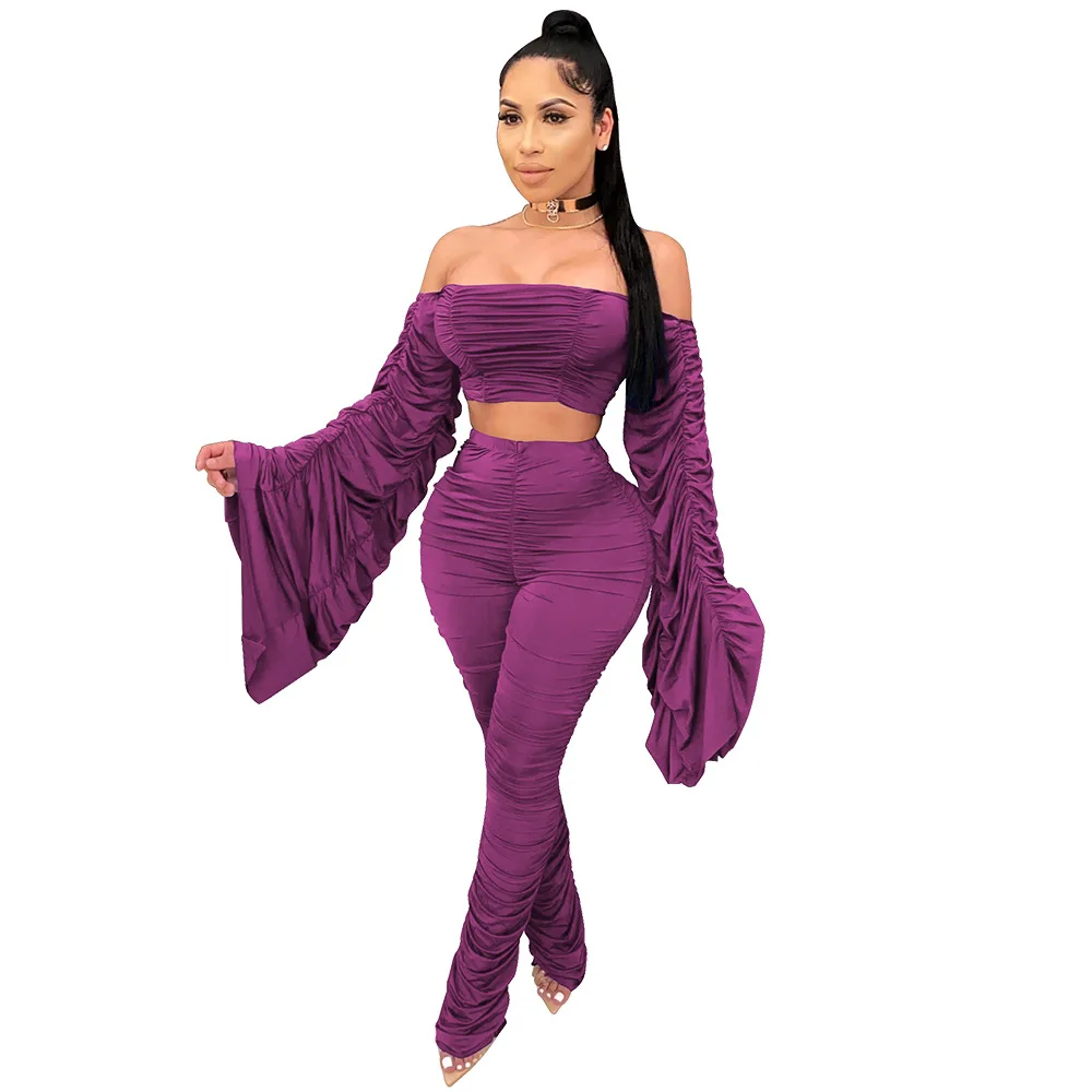 

Women Sexy 2 Piece Outfits Off Shoulder Long Sleeve Crop Top Solid Ruched Stacked Bodycon Pants Set Clubwear