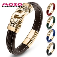 men leather bracelet handmade trendy stainless steel clasp wrist band brown bangles
