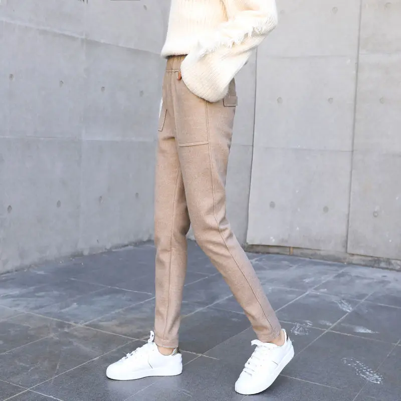 Зимние женские штаны с высокой талией бархатные утепленные шерстяные шаровары