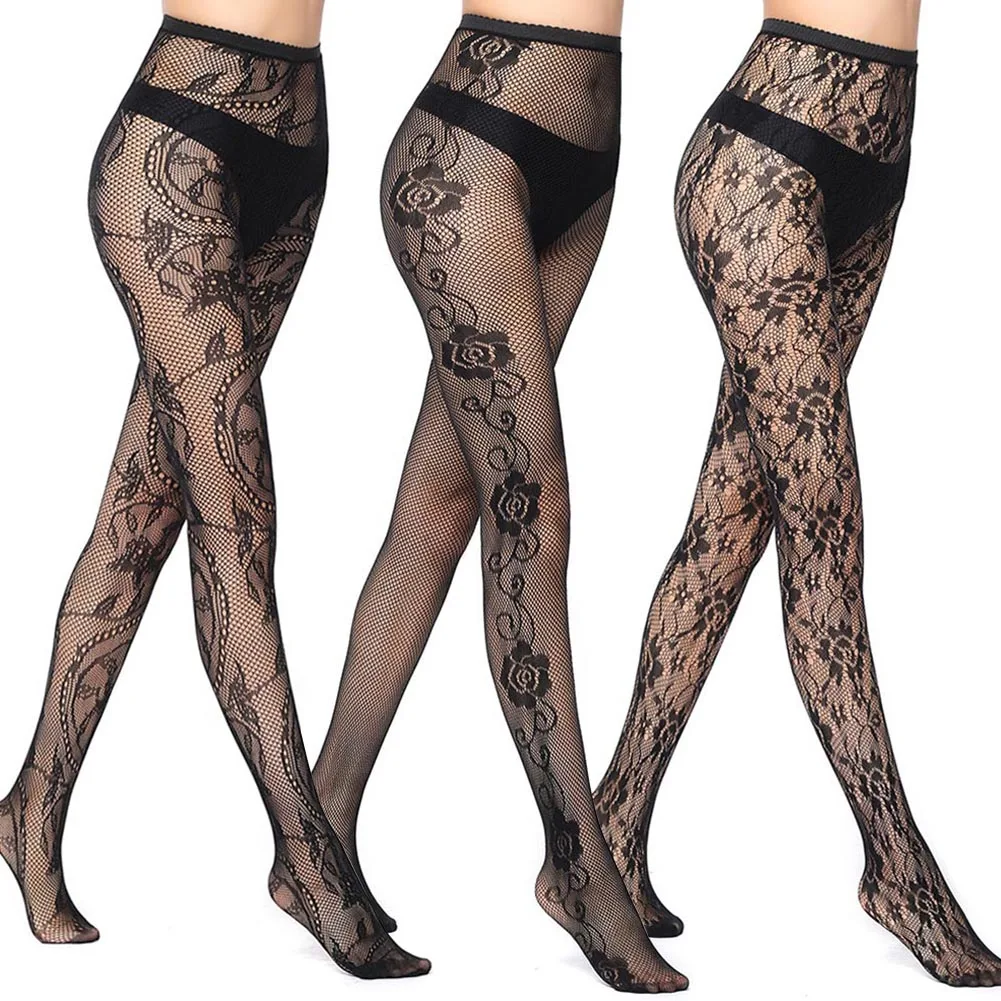 Set B-Floral 3 пары, женские черные ажурные колготки с рисунком, сексуальная Прозрачная Кружевная Цветочная сетка, чулки, эластичные колготки с завышенной талией, готические винтажные - Цвет: Set B-Floral