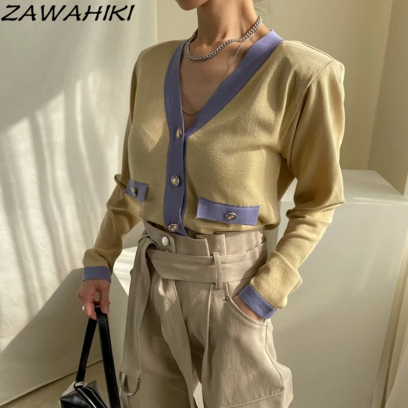 

ZAWAHIKI Autumn All-match Contrast Color Cardigan Chic Buttons V-neck Loose Thin Knitted Tops for Women Long Sleeve Sweater