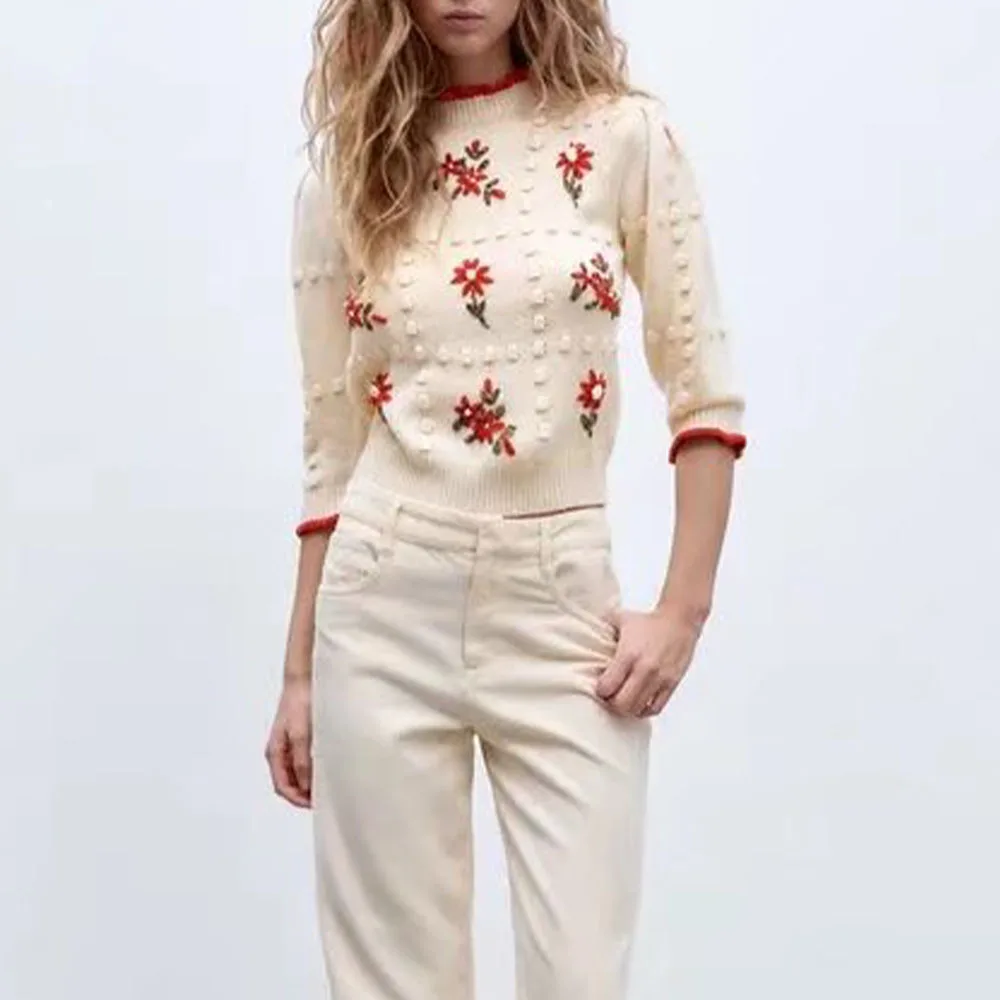 

Женский короткий свитер с вышивкой Za, вязаный свитер с круглым вырезом в стиле ретро, Осень-зима 2021