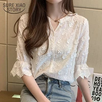 fashion ladys shirt 2021 spring new stereoscopic embroidered white pure cotton blouse floral short sleeve womans shirt 9638