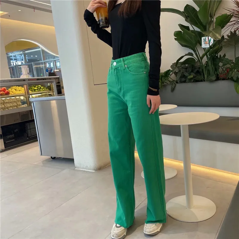 

Jeans Woman High Waist Pants Ladies Casual Zipper Button Summer Straight Denim Trousers 2021 Green Pants Women Wide Leg