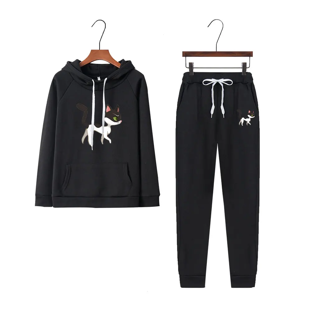 

Spring and Autumn Women Cat Printed Long Sleeve Hoodie and Sweatpants Two Pieces Jogging Street Wear Suit