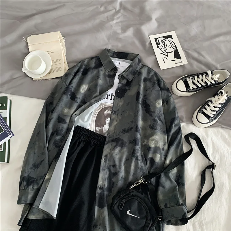 

EBAIHUI Women's Blouse Tie-dye Turn-down Collar Korean Fashion Spring Loose Long Sleeve Top Leisure Baggy Shirt Female Clothing