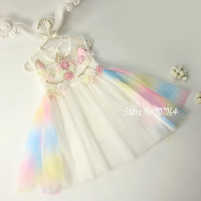 Clear Sales Unicorn Girls Dress Rainbow Embroidery Flowers Toddler Sundress Princess Kids girls Party Summer Wedding dress 1-10Y | Детская