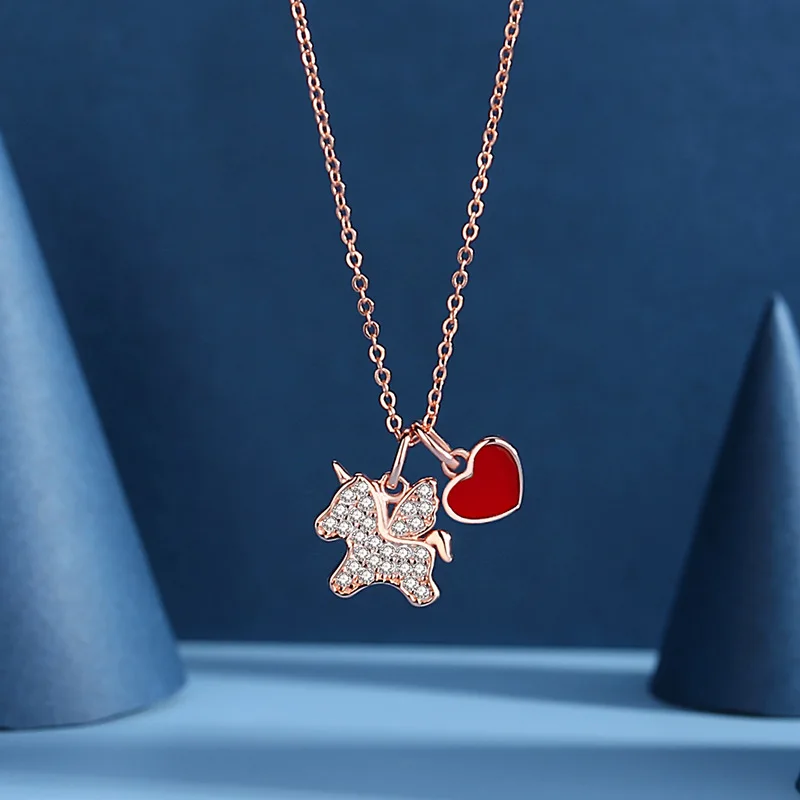 Original New Unicorn Love Necklace Women 925 Sterling Silver Simple Korean Fashion Jewelry Carving Girlfriends Gift