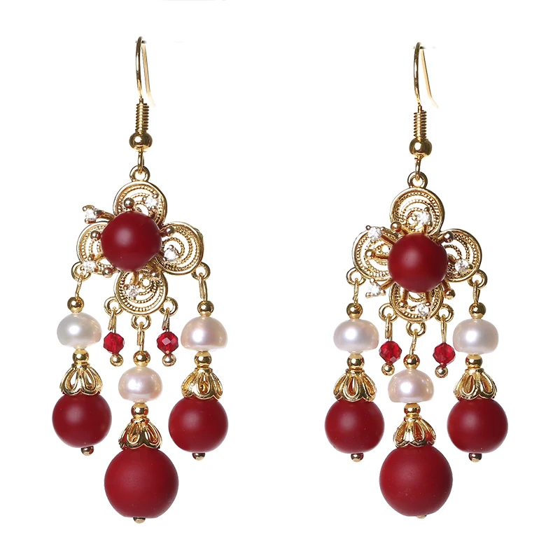Жемчужные длинные серьги женские антикварные стеклянные Красные праздничные