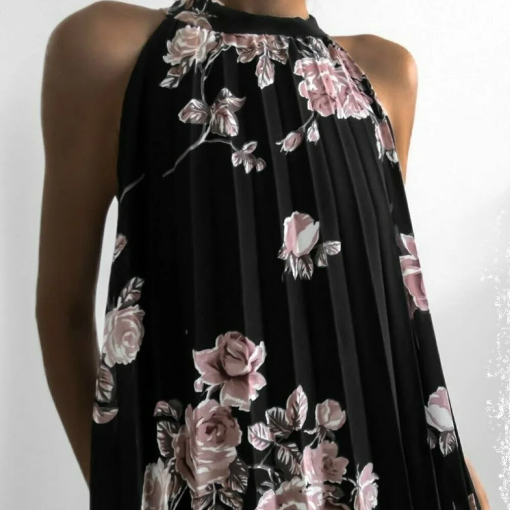 Женское Короткое платье без рукавов с цветочным принтом рюшами и лямкой на шее в