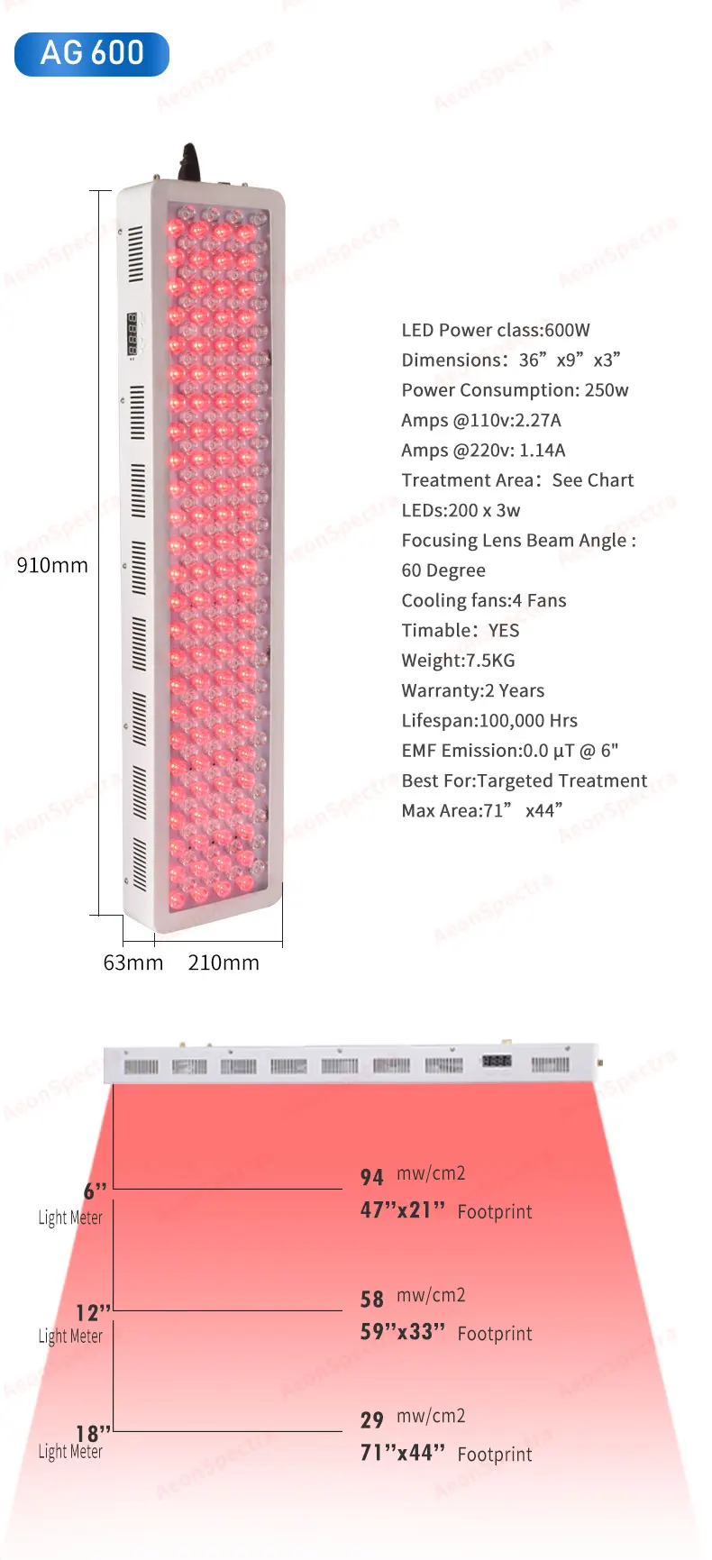 180W 300W 600W LED Red Light Therapy Deep Red 660nm and Infrared 850nm Red Therapy Lamp for Skin care and Pain