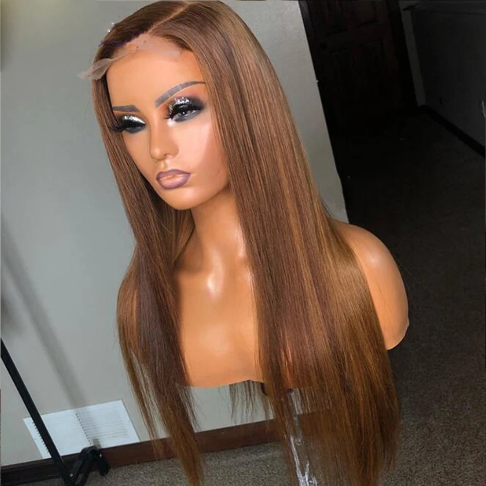 

#30 Dark Brown 26Inch Silky Straight Synthetic Lace Front Wig For Women With Babyhair Preplucked Glueless Middle Part Daily Wig