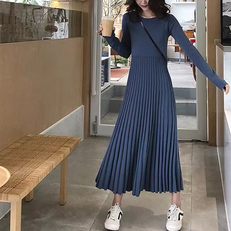 

Vintage Women Knitted Dress 2021 Autumn Winter Solid Long Sleeve Casual Elegant Pleated Sweater Midi Dress Vestidos Mujer