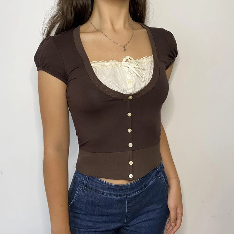 Женский короткий топ с кружевной отделкой Милый Летний пуловер в стиле ретро