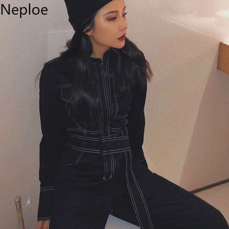 Neploe, корейские свободные женские комбинезоны, на пуговицах, с длинным рукавом, комбинезоны, с высокой талией, с поясом, повседневные боди, модные 45400