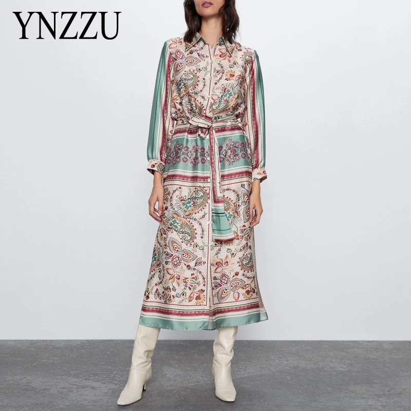 Женское платье рубашка с поясом Повседневное Платье макси длинным рукавом и