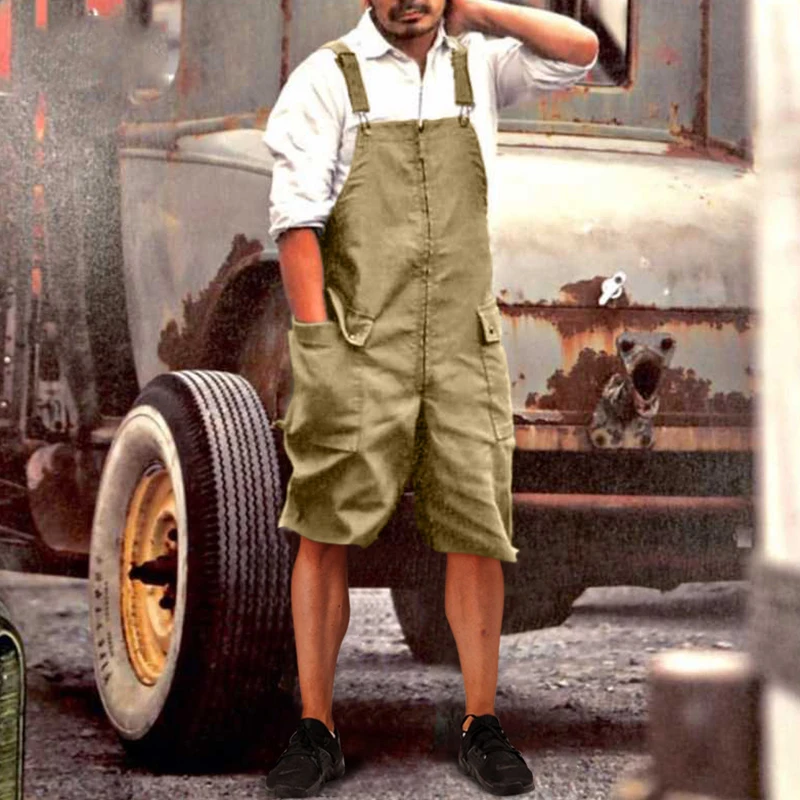 

Summer Men Clothing Fashion Casual Solid Bib Jumpsuit 2021 Vintage Men's Loose Big Pocket Cargo Short Pant Overalls Rompers 3XL