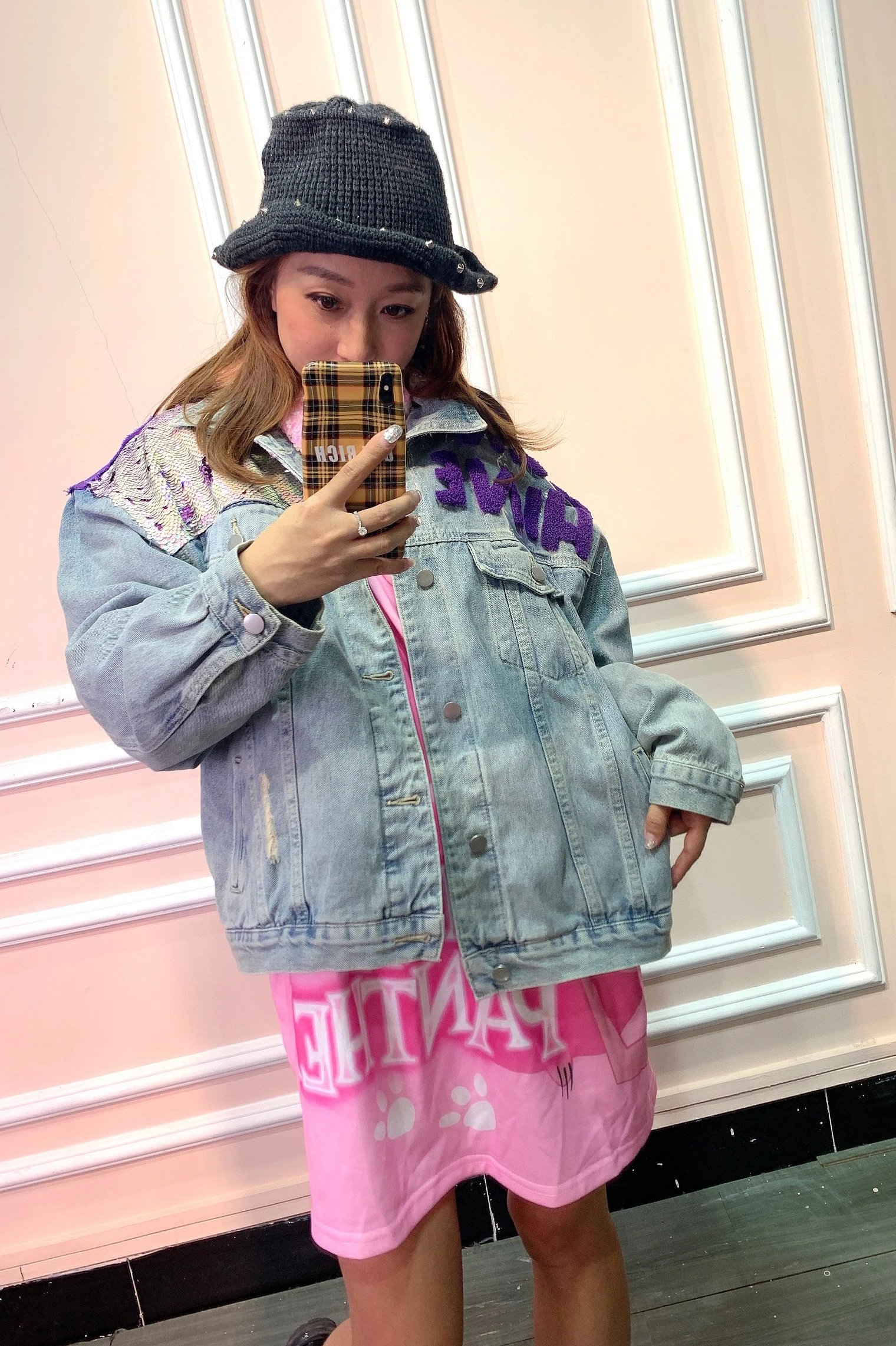 

Thailand original street brand 2019 autumn new cartoon letter patch heavy work sequins personality loose denim jacket