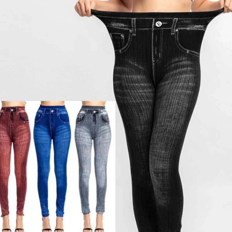 

High Waist Faux Jean Leggings Slim Elastic Seamless Plus Size Skinny Pencil Pants Female Pocket Workout Running Leggings