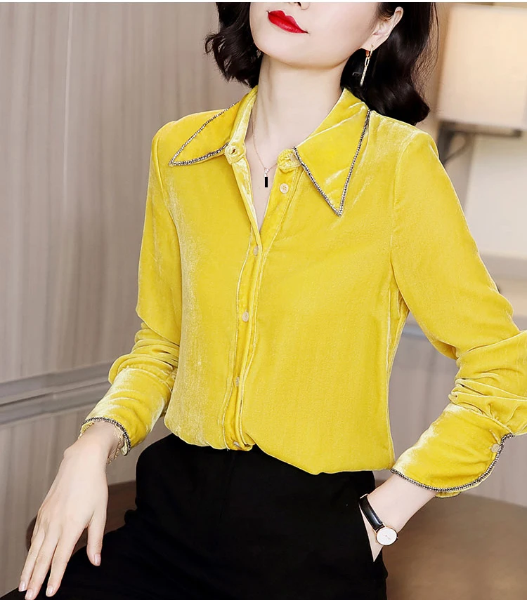 

Fall Spring 2020 Office Ladies Women Green Yellow Wine Red Glitters Velvet Blouse Top Shirt , Woman 4xl Velour Blouses and Tops