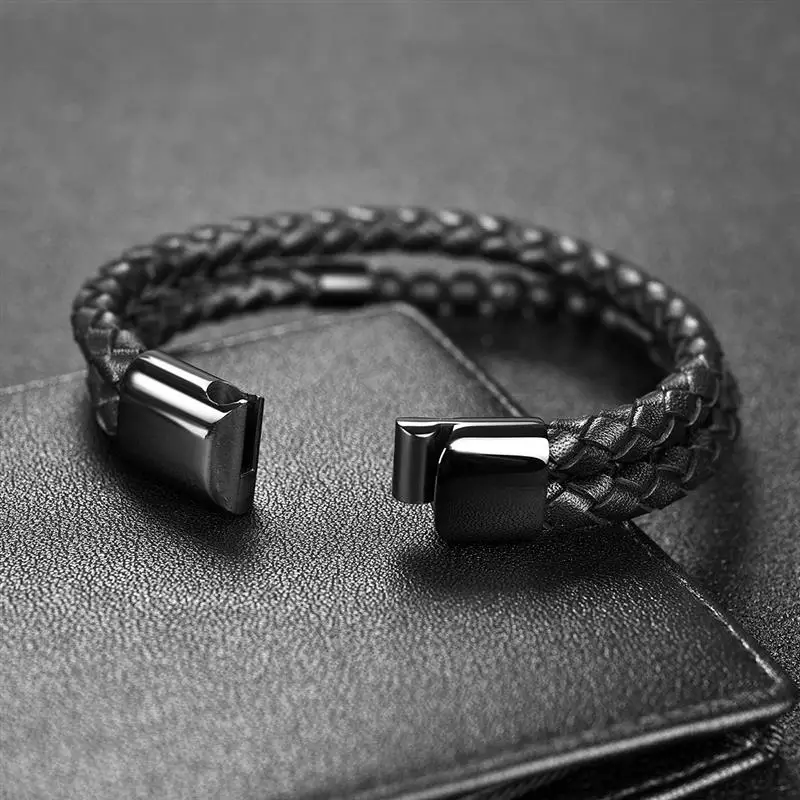 

Natural Lava Stone Beaded Leather Bracelet Men Casual Jewelry Stainless Steel Magnetic Clasp Bangle Male 2020 New Recommend Gift