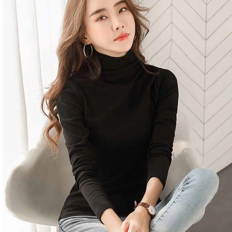 

Solid Color Autumn Women T-shirt High Neck Loose Bottoming Shirt Warm Slim Vogue Simple Plus Size Top Female Commuter Leisure