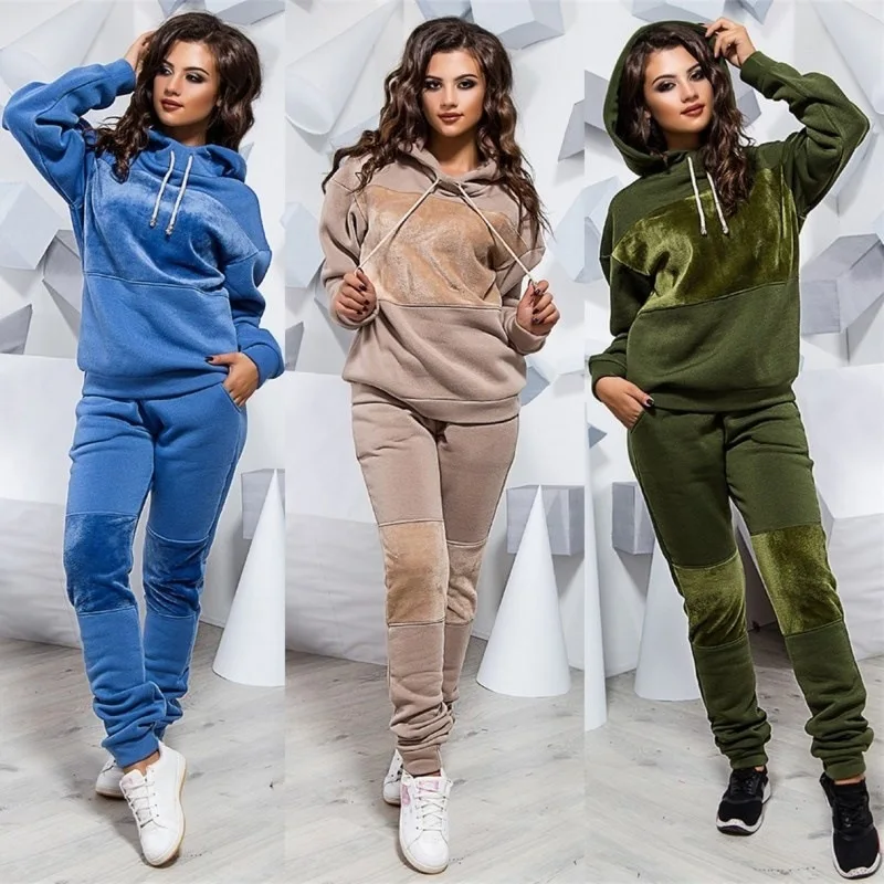 

Fashion Velvet Patchwork Long Sleeve Tracksuit Thicken Hooded Sweatshirts 2 Piece Set Casual Sport Suit Women Two Piece Set