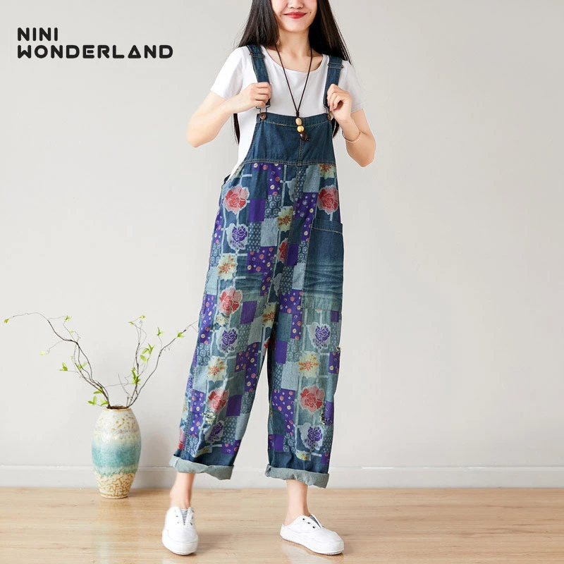 NINI WONDERLAND женские модные джинсовые комбинезоны штаны 2019 винтажные с цветочным