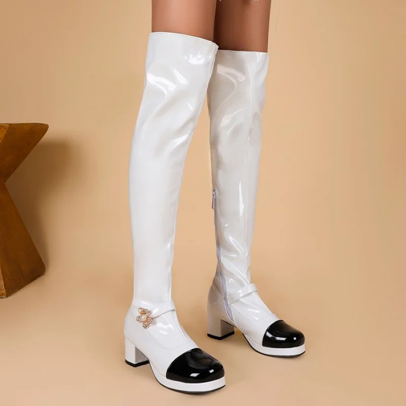 Женские лакированные сапоги выше колена из искусственной кожи модные женские