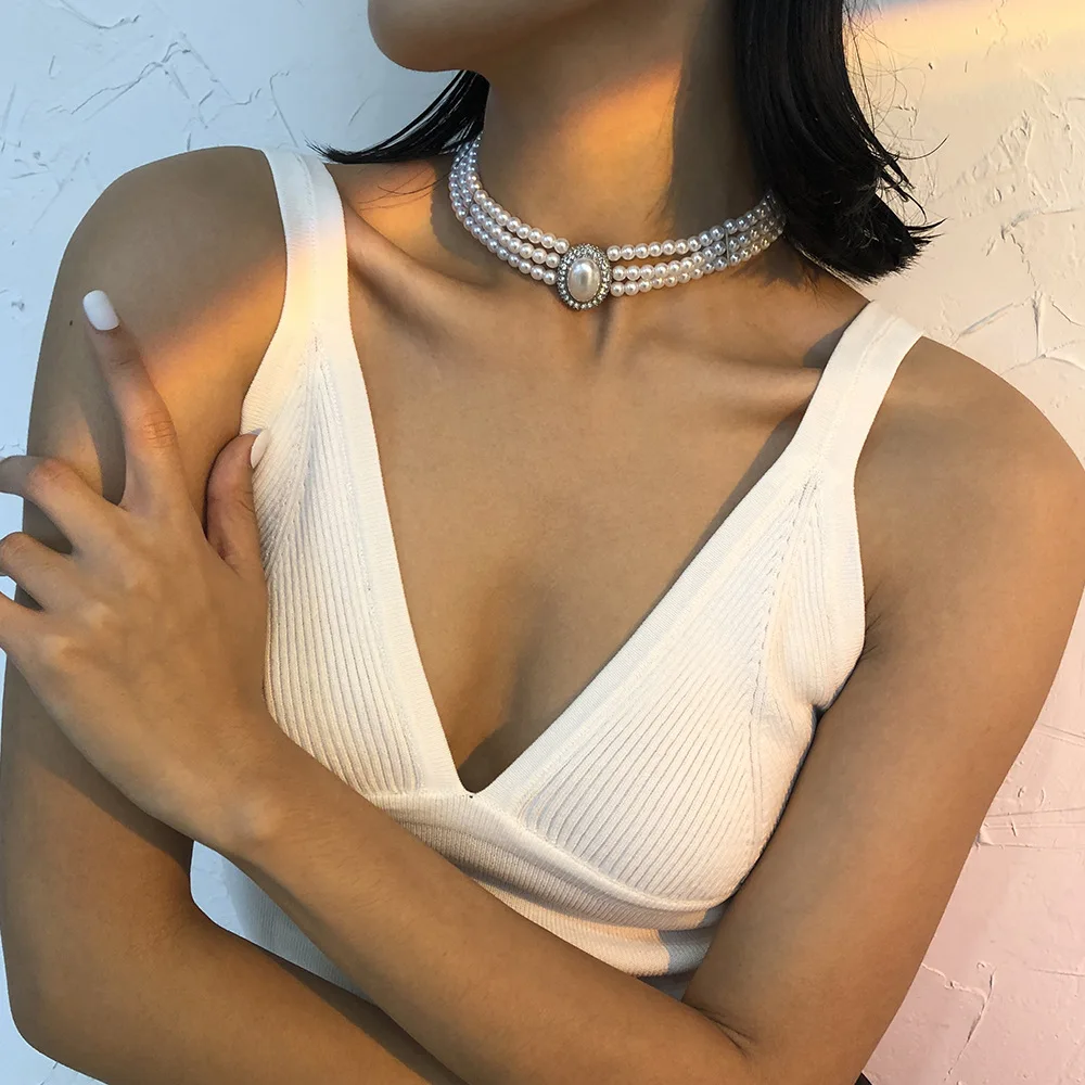 Retro Palace Style Multilayer Imitation Pearl Choker Necklace For Women Elegant Neck Chain Jewelry Female Party Gown Accessories