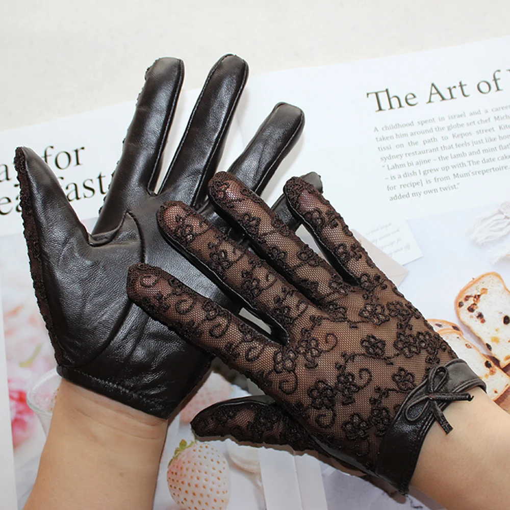Женские перчатки из натуральной кожи модные черные кружевные без подкладки для