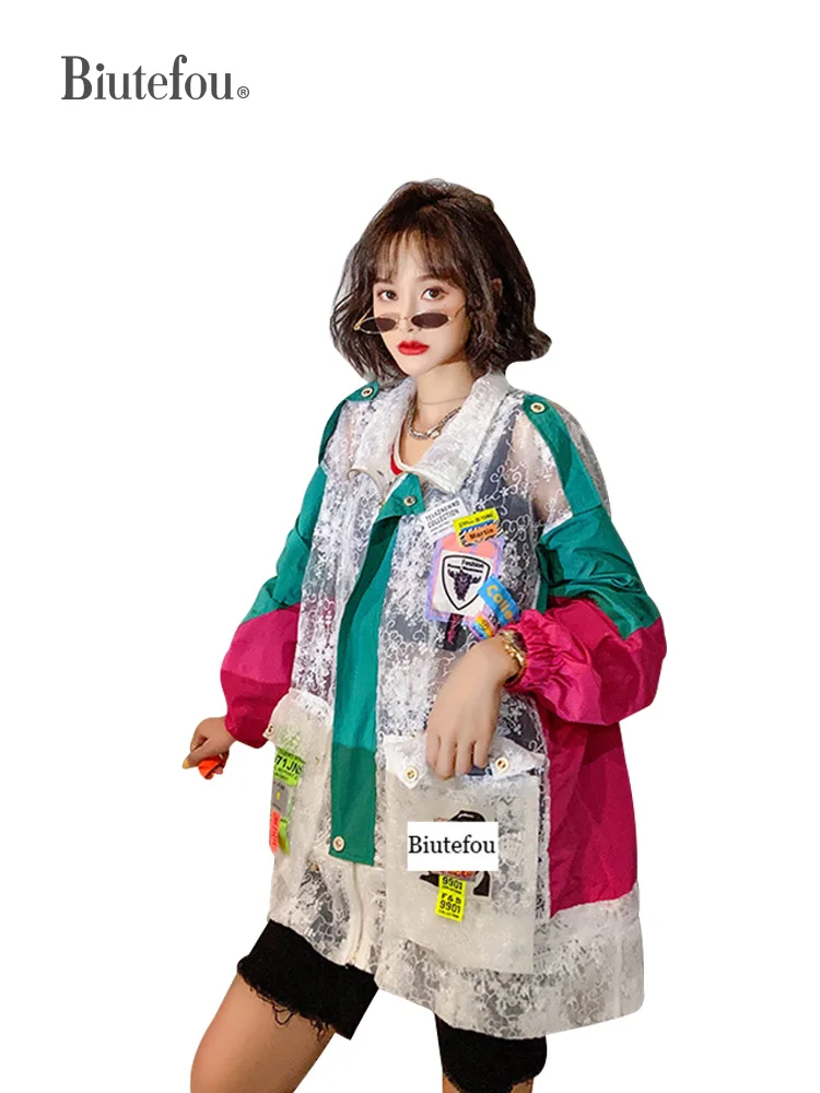 

2021 Summer Women Loose Lace Badge Stitched Sun-Proof Coat