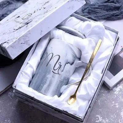 Gray for man Посуда для напитков креативная керамическая MS/Mrs кофейная кружка молочный чай мраморная чашка золотая линия фарфор для влюбленных Свадьба юбилей подарочная коробка - Цвет: Gray for man