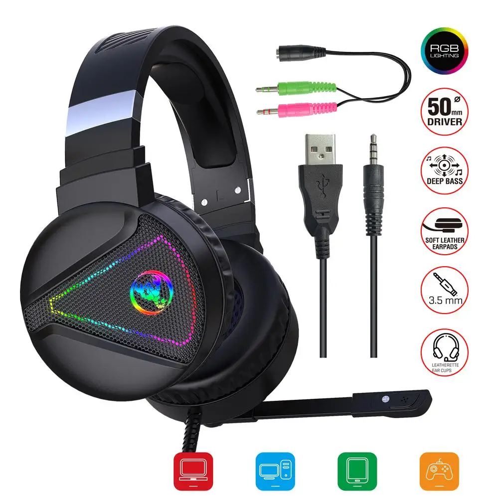 F16 3 5 мм + USB Проводная компьютерная игровая гарнитура RGB Световой HD Voice Gamer