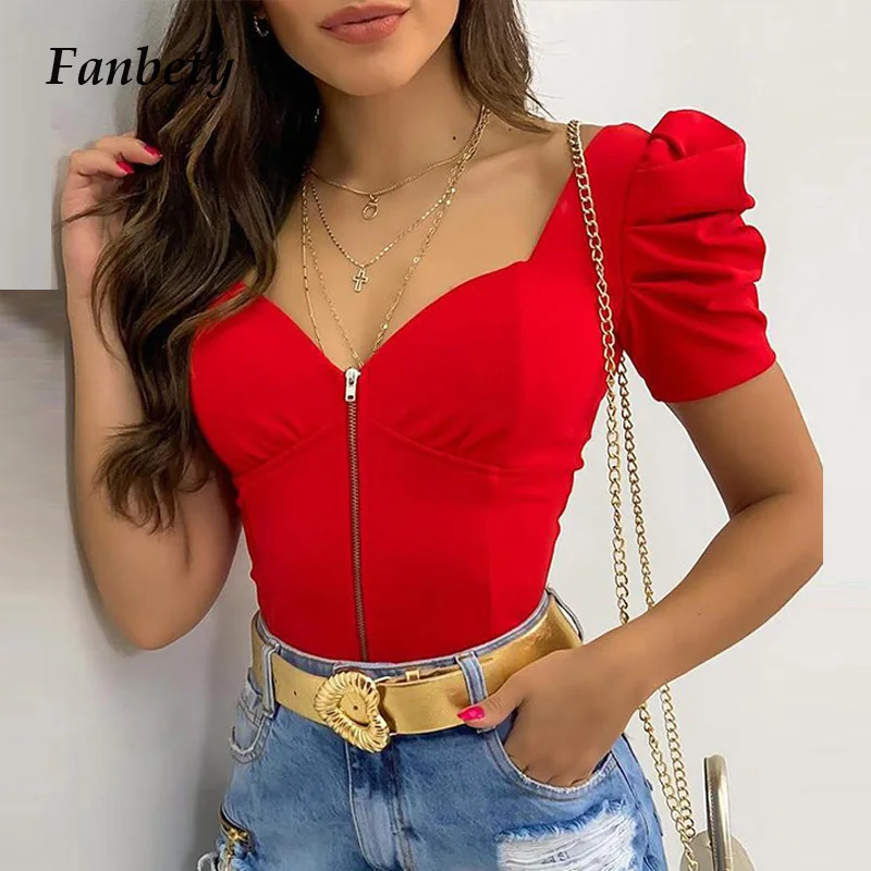 

Блузка женская плиссированная с V-образным вырезом, пикантная Элегантная Модная однотонная Облегающая рубашка на молнии, с пышными коротки...