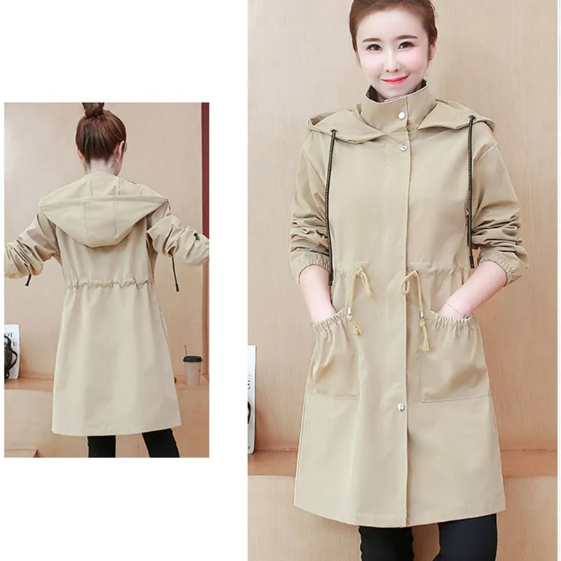 

Women Mid Long Trench Coat Fad Spring Autumn New Hooded Windbreaker Outerwear Ladies Casual Loose Plus size 3XL Female Tops 219