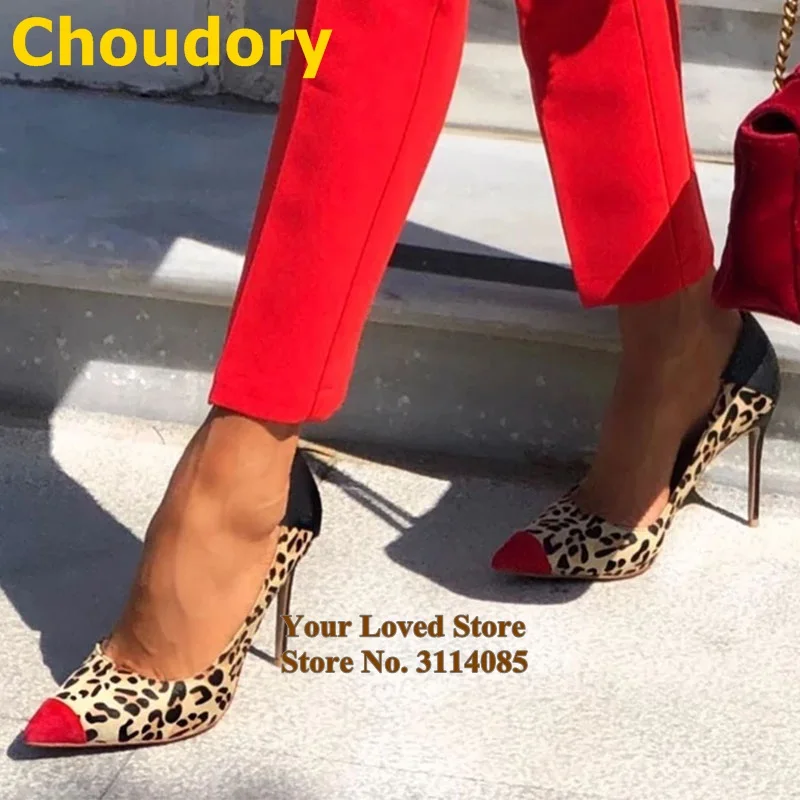 Пикантные леопардовые замшевые Лоскутные туфли Choudory на высоком каблуке черные