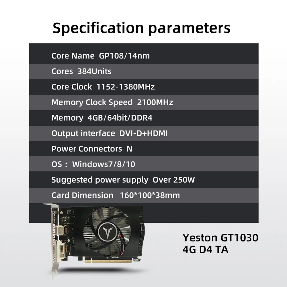 Yeston Graphics Card GT 1030 4GB DDR4 64-Bit PCI Express 3.0 HDMI DVI-D Gaming Video Card GPU for DirectX 12 / for GPU Boost 3.0