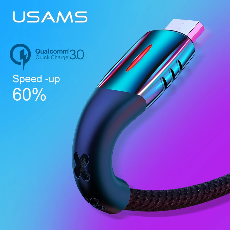 USAMS кабель Micro USB Smart power off Micro USB 3,0 светодиодный кабель QC 3,0 кабель для быстрой зарядки для Android Xiaomi huawei кабель Microusb