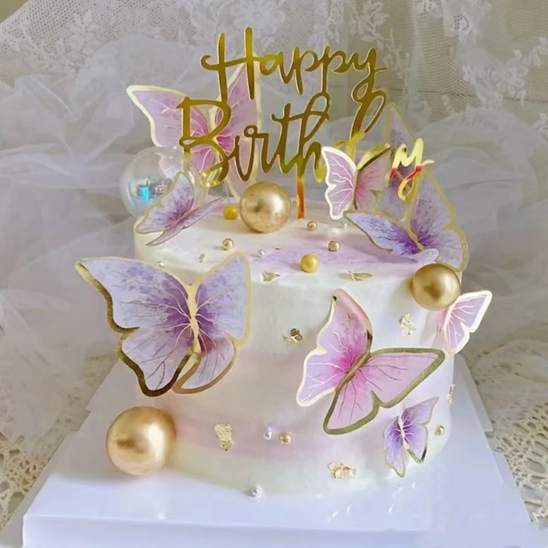 

11Pcs New Handmade Painted Butterfly Happy Birthday Cake Topper For Baby Shower Valentine's Day Romantic Wedding Party Decors