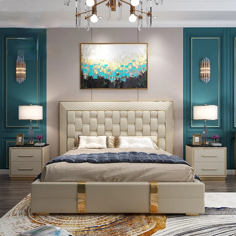 

Postmodern light luxury bed Italian double leather art bed luxury villa beige high backrest 2-2.2m master bed