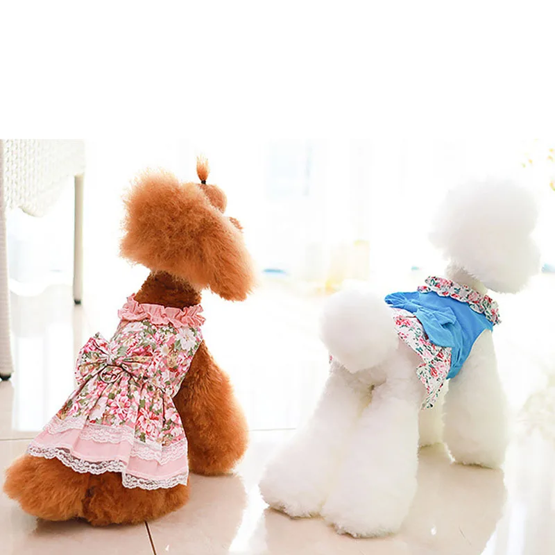 

New Dog Cat Dress Shirt Floral&Bow with Matching Dog Leash Pet Puppy Skirt Spring/Summer clothes apparel 5 sizes 2 Colors