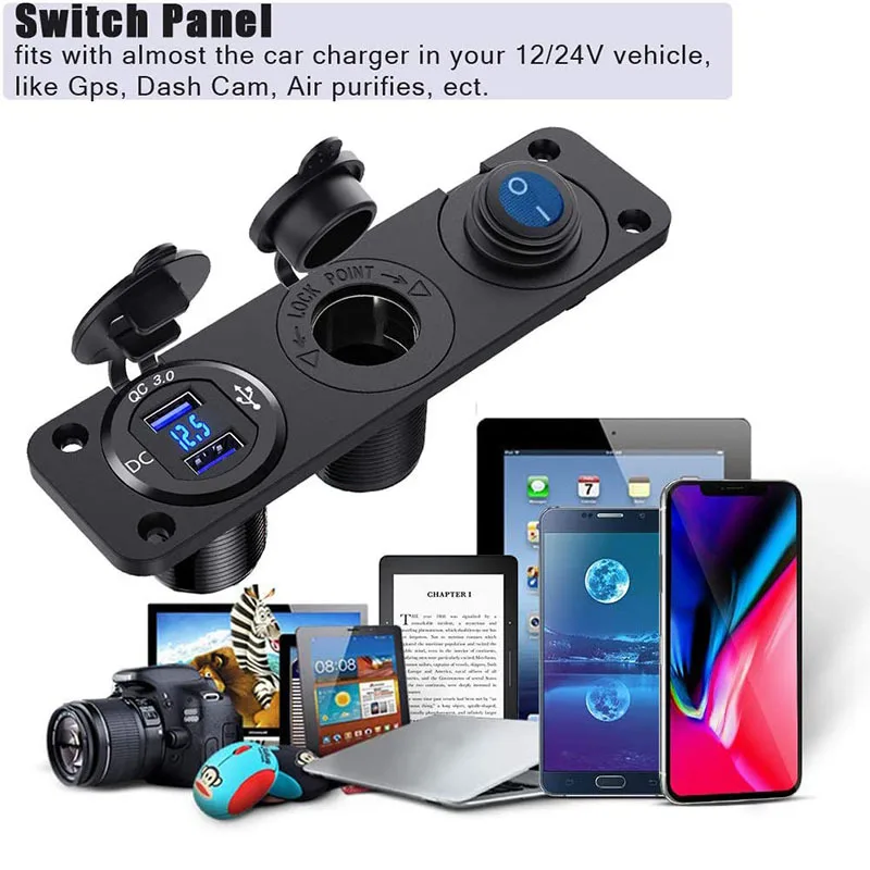 

Двойной разветвитель QC3.0 для прикуривателя, автомобильное зарядное устройство USB, панельный переключатель 250 Вт, водонепроницаемое зарядно...
