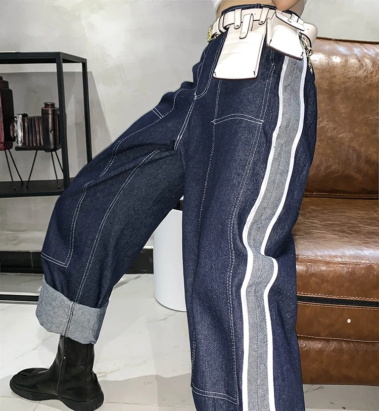 

SHENGPALAE Wide Leg Jeans Women's Spring 2021 Dark Blue High Waisted Harem Pants Striped Stitching Female Cowboy Trousers 5A899