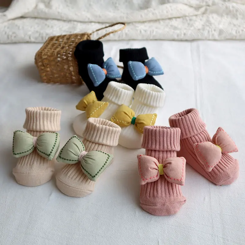 Calcetines de rayas verticales para beb&eacute;, con forma de lazo de mu&ntilde;eca 3D, calcet&iacute;n antideslizante de luna llena, ropa para ni&ntilde;os y ni&ntilde;as-0